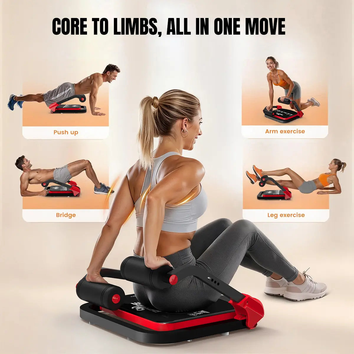Red RELIFE REBUILD YOUR LIFE sit-up machine by Fitness Essentials for core workouts, abdominal crunches, and roll-up exercises at home.