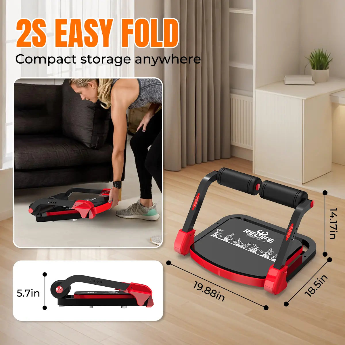 Red RELIFE REBUILD YOUR LIFE Sit-Up Machine by Fitness Essentials for core workouts, abdominal crunches, and roll-up exercises at home.