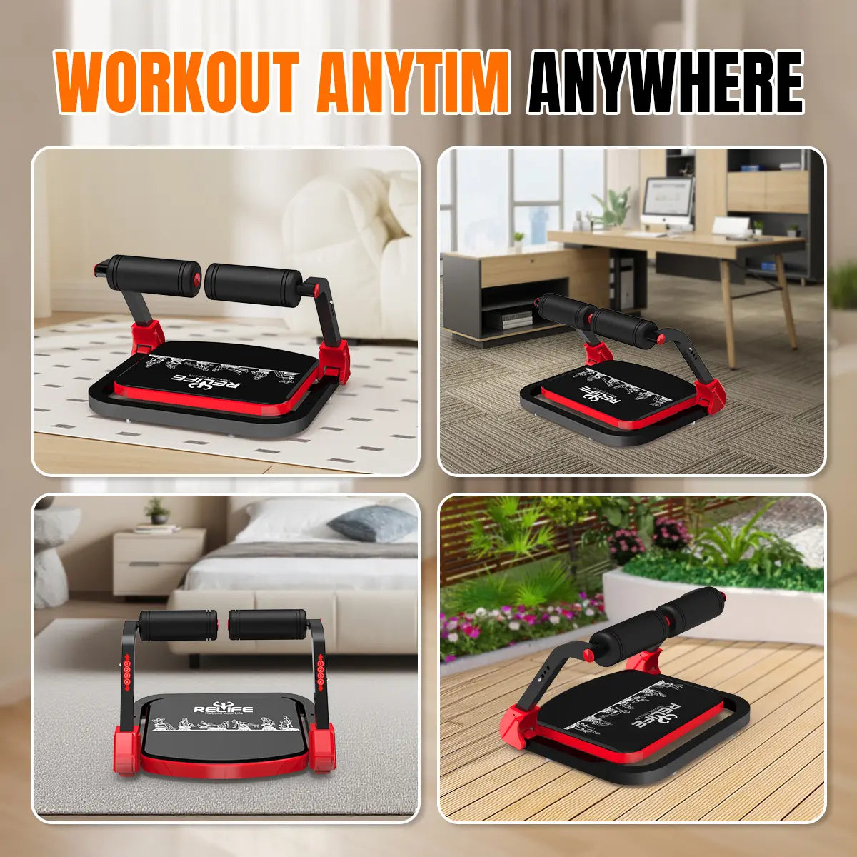 Fitness Essentials Relife Rebuild Your Life sit-up machine with red padding, designed for core workouts and abdominal crunches.