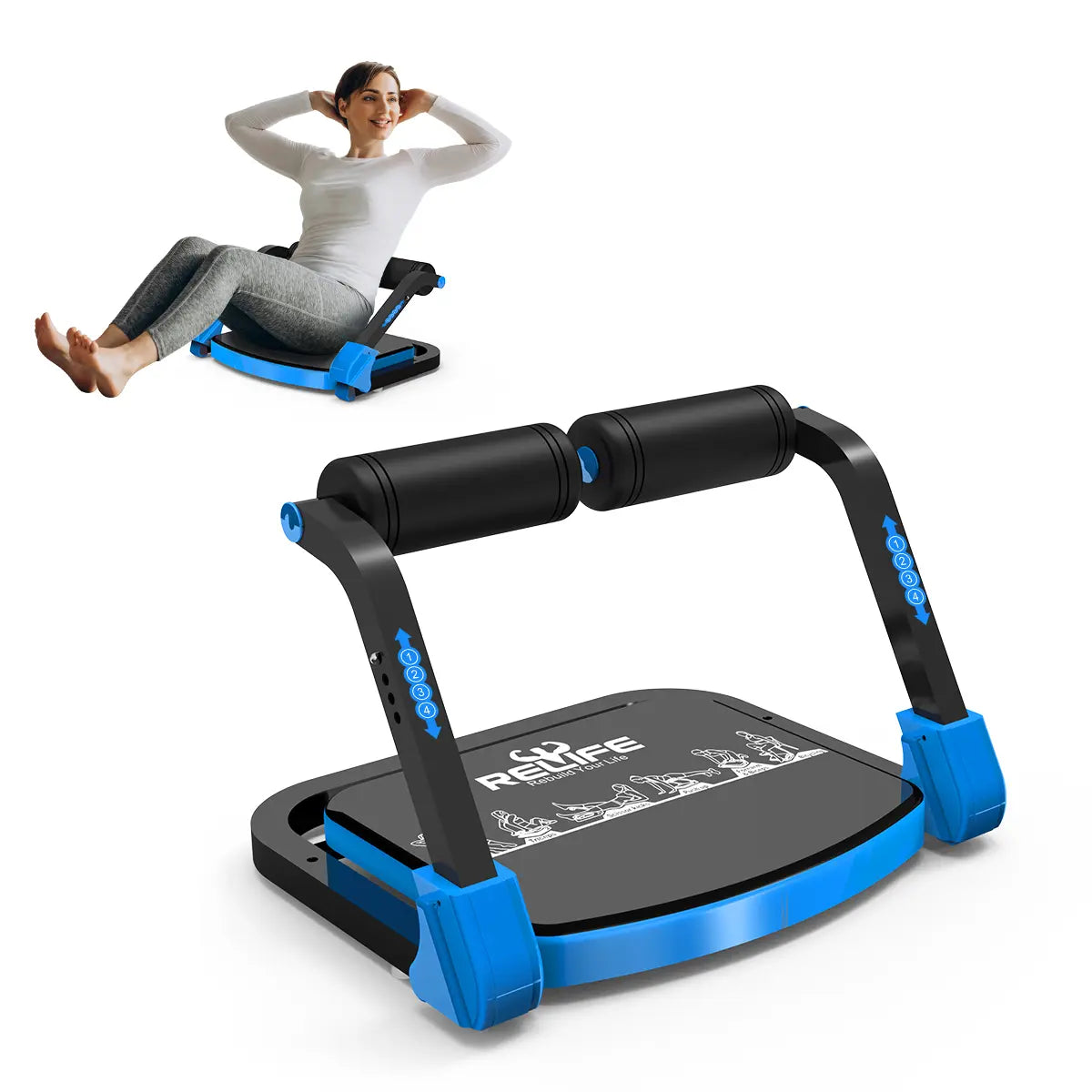 Fitness Essentials Relife Rebuild Your Life Sit-Up Machine for core workouts, abdominal crunches, and roll-ups at home.