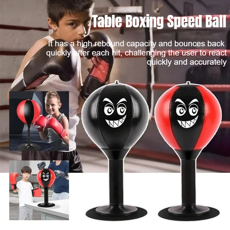 Red children's stress reliever punching bag toy with suction cup, designed for desk boxing and tension reduction by Fitness Essentials.