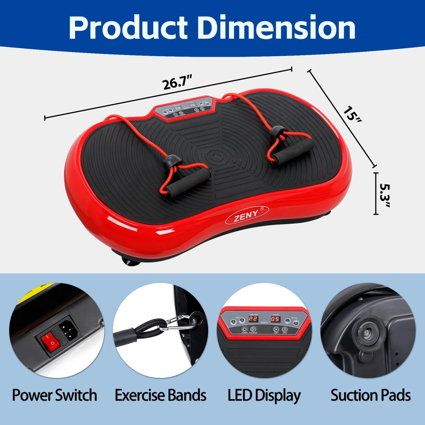 Red Fitness Essentials vibration plate exercise machine for full body workouts with Bluetooth, designed for home use.