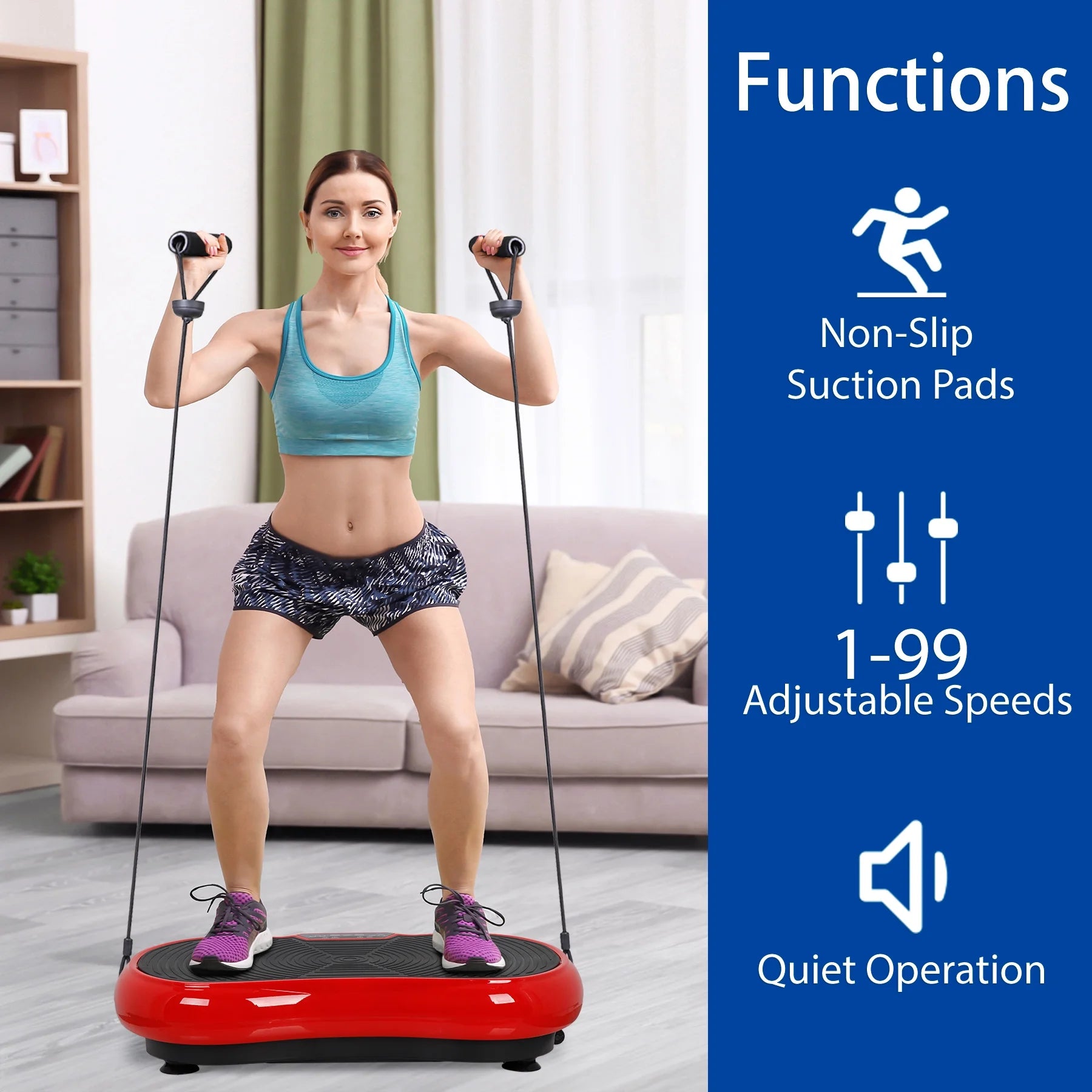 Red Fitness Essentials vibration plate exercise machine for full body workouts, featuring Bluetooth connectivity and home platform design.