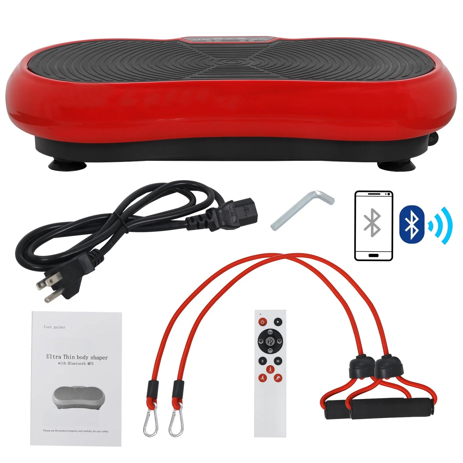 Red Fitness Essentials vibration plate exercise machine for full body workouts, with Bluetooth connectivity and non-slip platform.