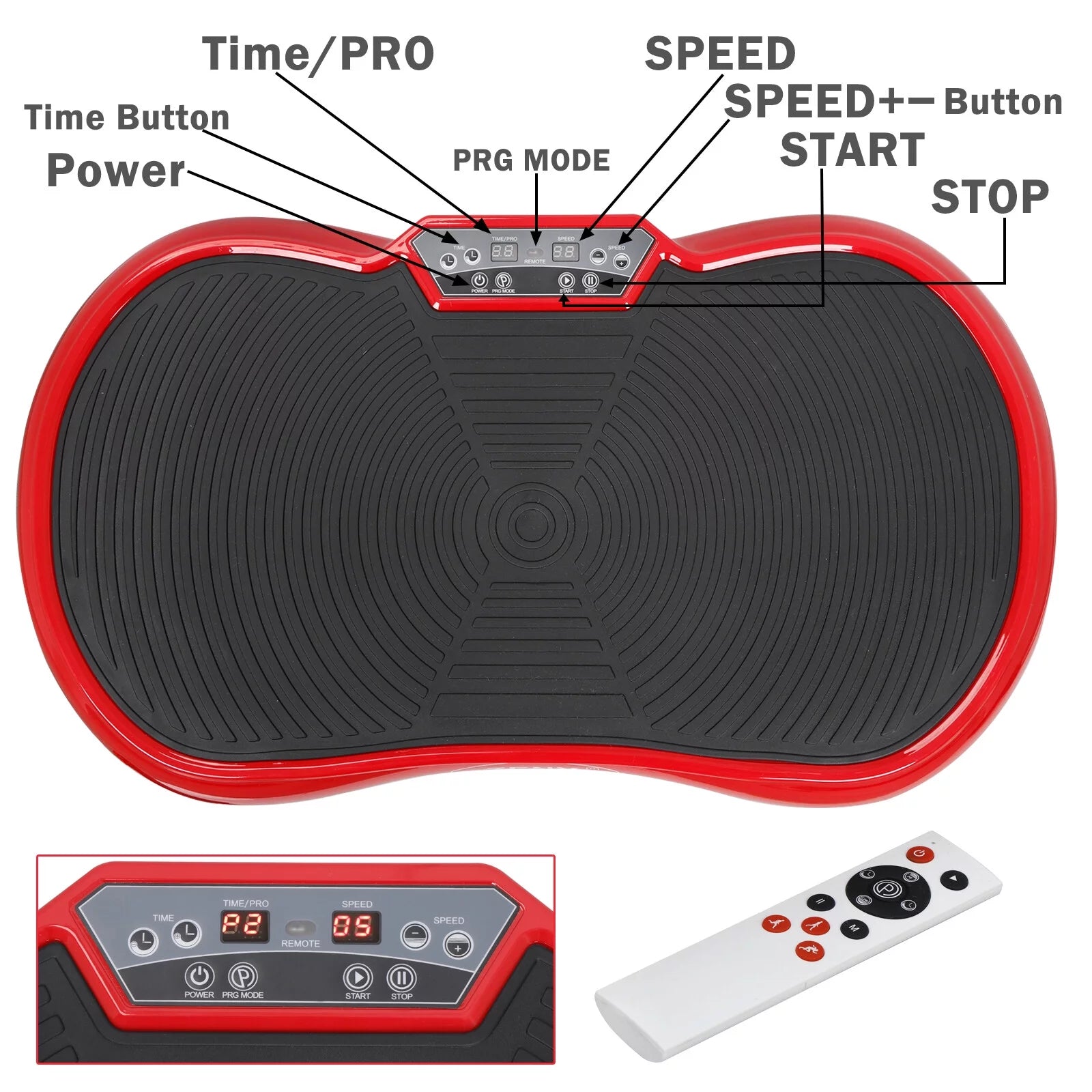 Red Fitness Essentials vibration plate exercise machine for full-body workouts with Bluetooth connectivity on a home platform.