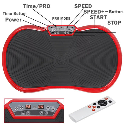 Red Fitness Essentials vibration plate exercise machine for full-body workouts with Bluetooth connectivity on a home platform.
