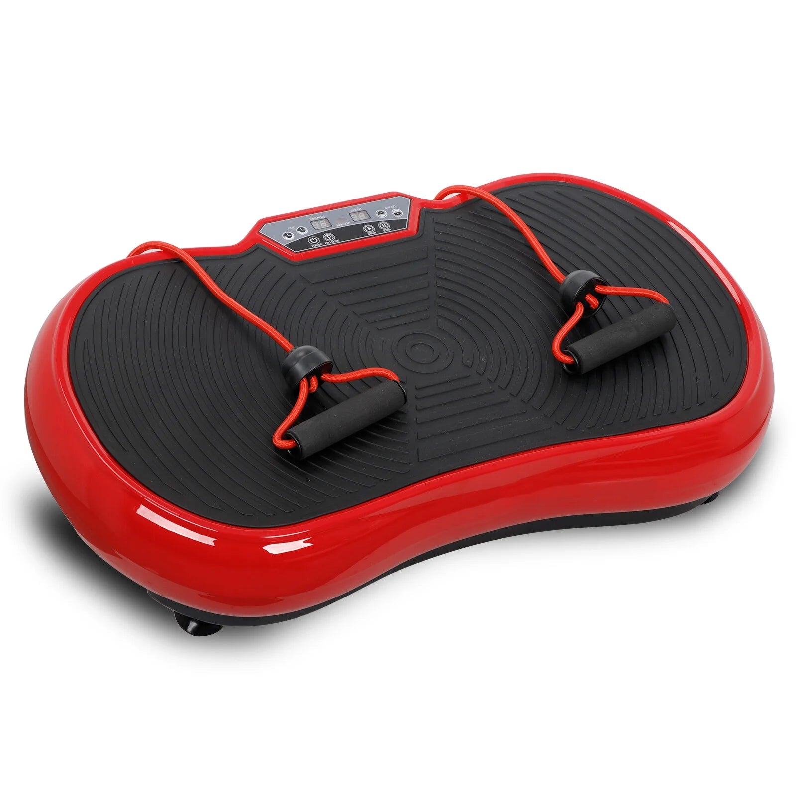 Red Fitness Essentials vibration plate exercise machine for full body workouts with Bluetooth, designed for home use.