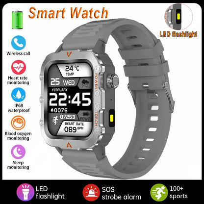 Silver men's sports smart watch with 1.71-inch screen, blood oxygen monitor, Bluetooth, LED flashlight, and multi-sport features.