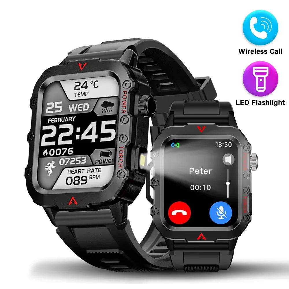 Silver men's sports smart watch with 1.71-inch screen, blood oxygen monitor, Bluetooth, LED flashlight, and multi-sport features.