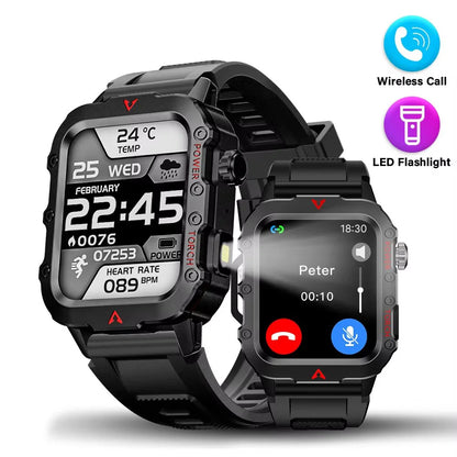 Silver men's sports smart watch with 1.71-inch screen, blood oxygen monitor, Bluetooth, LED flashlight, and multi-sport features.
