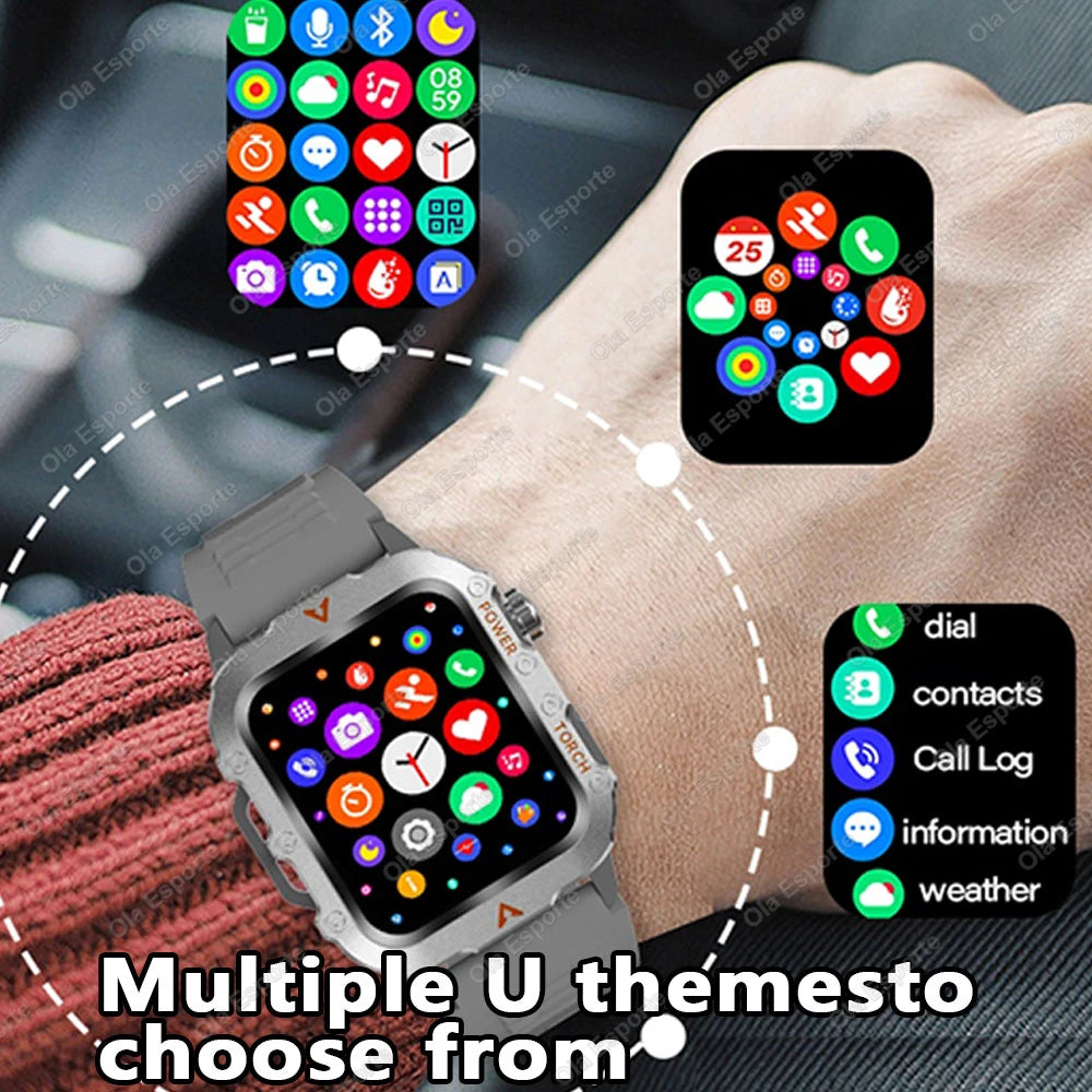 Fitness Essentials men's sports smart watch with 1.71-inch screen, blood oxygen monitor, Bluetooth, LED flashlight, and outdoor features.