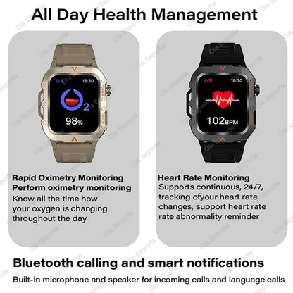 Fitness Essentials men's sports smart watch with 1.71-inch screen, blood oxygen monitor, Bluetooth, LED flashlight, and outdoor features.