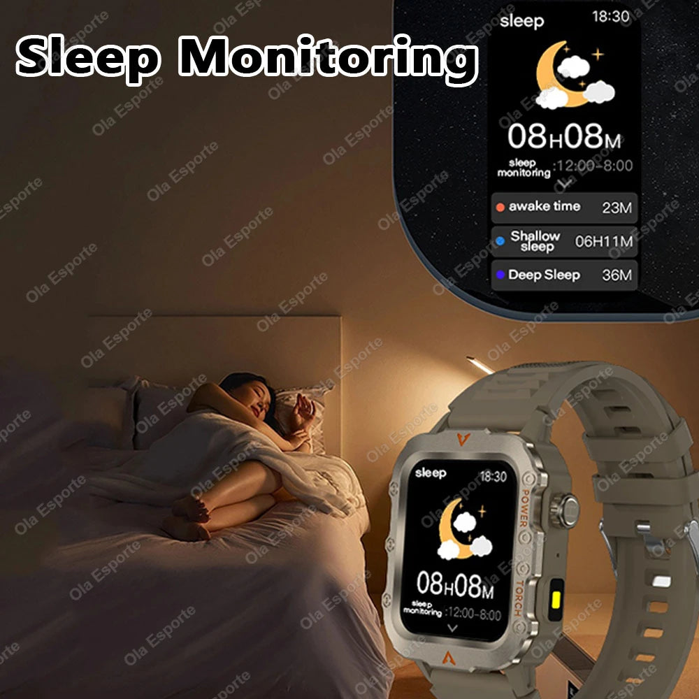 Fitness Essentials men's sports smart watch with 1.71-inch screen, blood oxygen monitor, Bluetooth, LED flashlight, and multi-sport features.