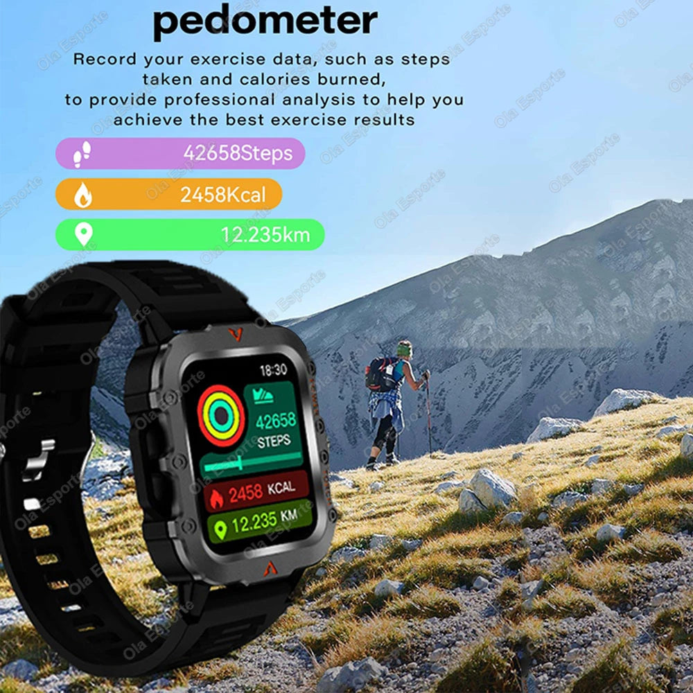 Silver men's sports smart watch with 1.71-inch screen, blood oxygen monitor, Bluetooth, multi-sport modes, LED flashlight.