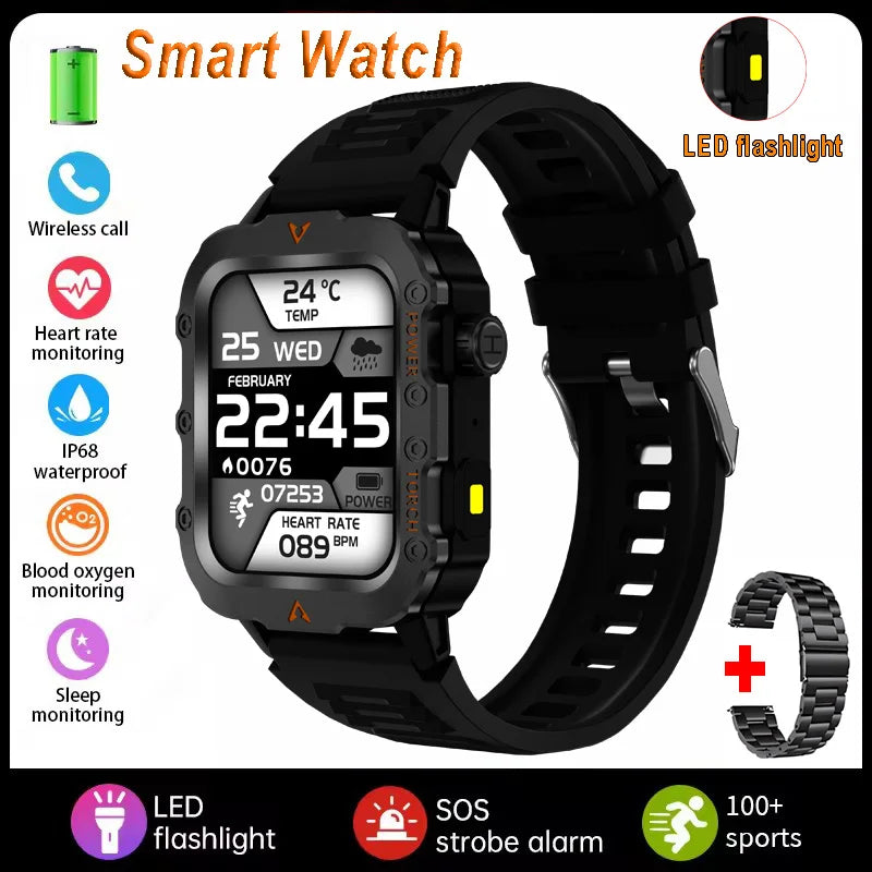Silver men's sports smart watch by Fitness Essentials with 1.71-inch screen, blood oxygen monitor, Bluetooth, and LED flashlight.