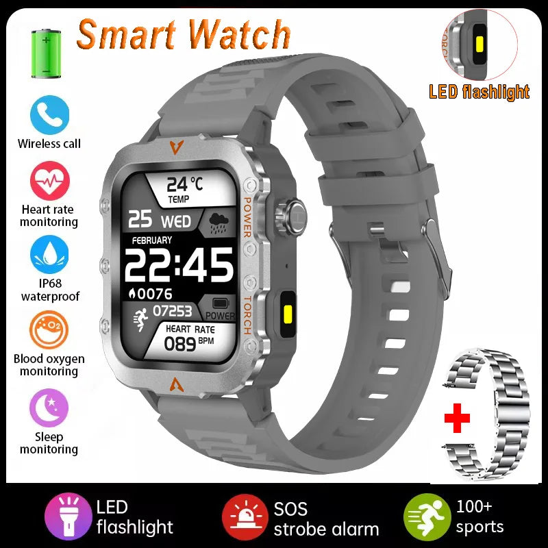 Fitness Essentials men's sports smart watch with 1.71-inch screen, blood oxygen monitor, Bluetooth, LED flashlight, outdoor features.