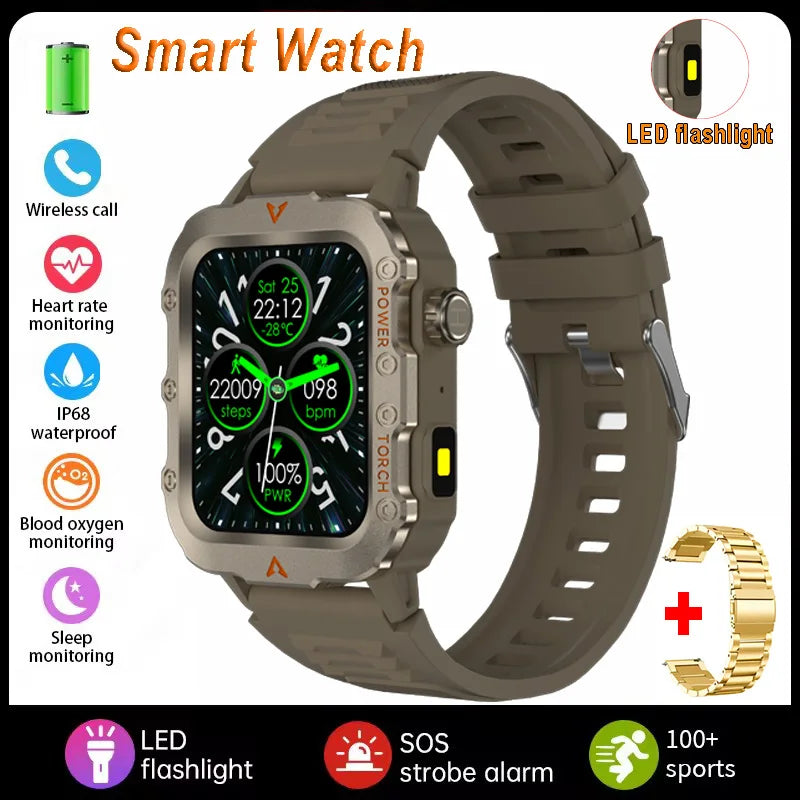 Silver men's sports smart watch with 1.71-inch screen, blood oxygen monitor, Bluetooth, LED flashlight, and multi-sport features.
