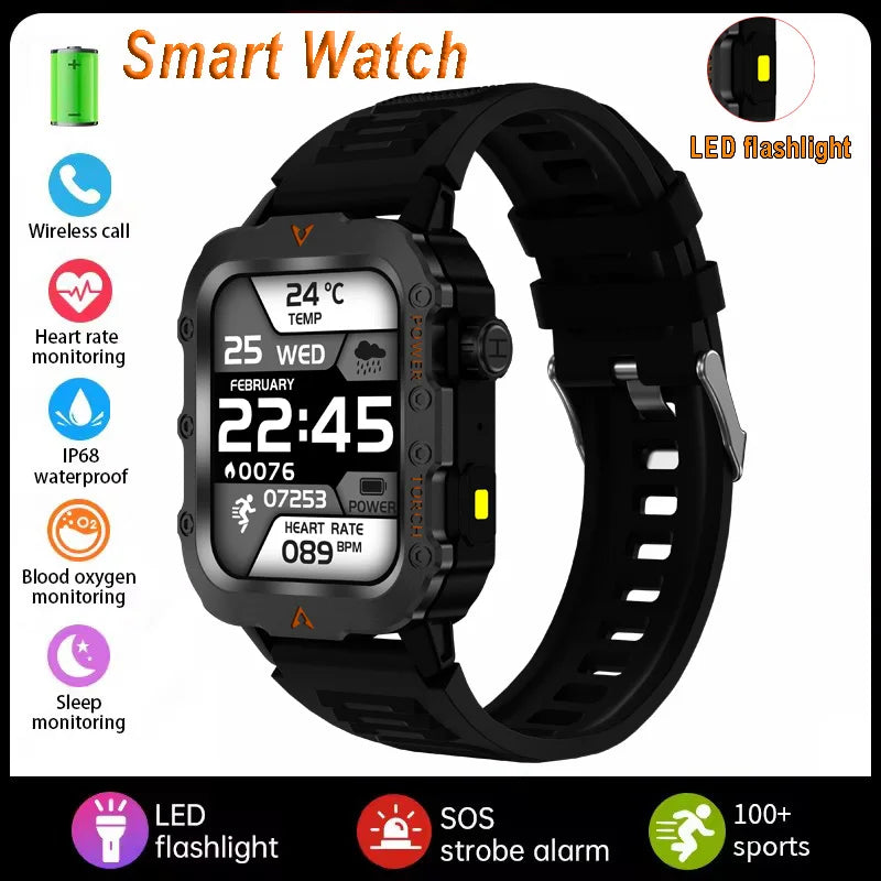 Silver men's sports smart watch with 1.71-inch screen, blood oxygen monitor, Bluetooth, LED flashlight, multi-sport features, outdoor use