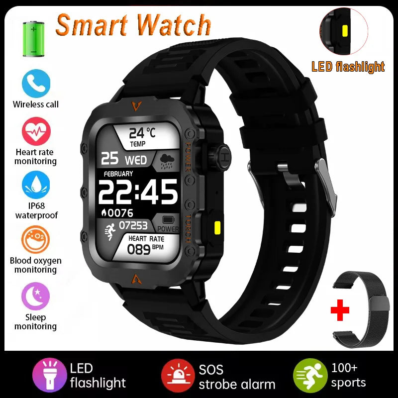 Fitness Essentials men's sports smart watch with 1.71-inch screen, blood oxygen monitor, Bluetooth, LED flashlight, outdoor features.