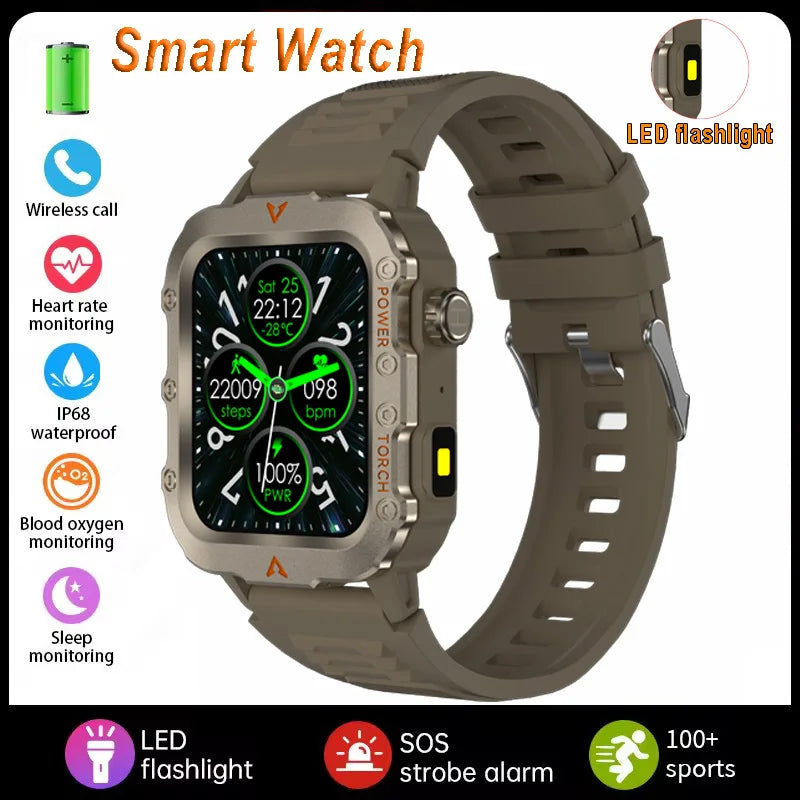 Silver men's sports smart watch with 1.71-inch screen, blood oxygen monitor, Bluetooth, multi-sport modes, LED flashlight, outdoor design