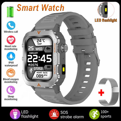 Silver men's sports smart watch with 1.71-inch screen, blood oxygen monitor, Bluetooth, LED flashlight, and multi-sport features.