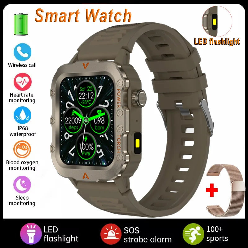 Silver men's sports smart watch with 1.71-inch screen, blood oxygen monitor, Bluetooth, LED flashlight, and multi-sport features.