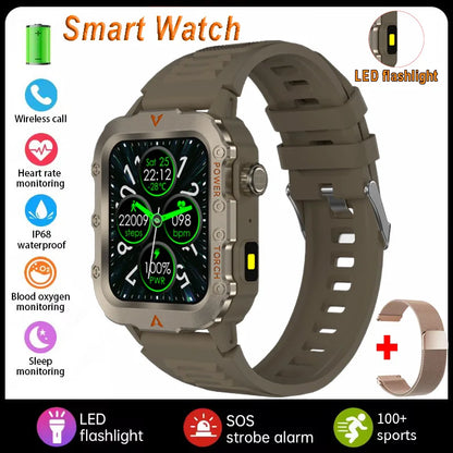 Silver men's sports smart watch with 1.71-inch screen, blood oxygen monitor, Bluetooth, LED flashlight, and multi-sport features.