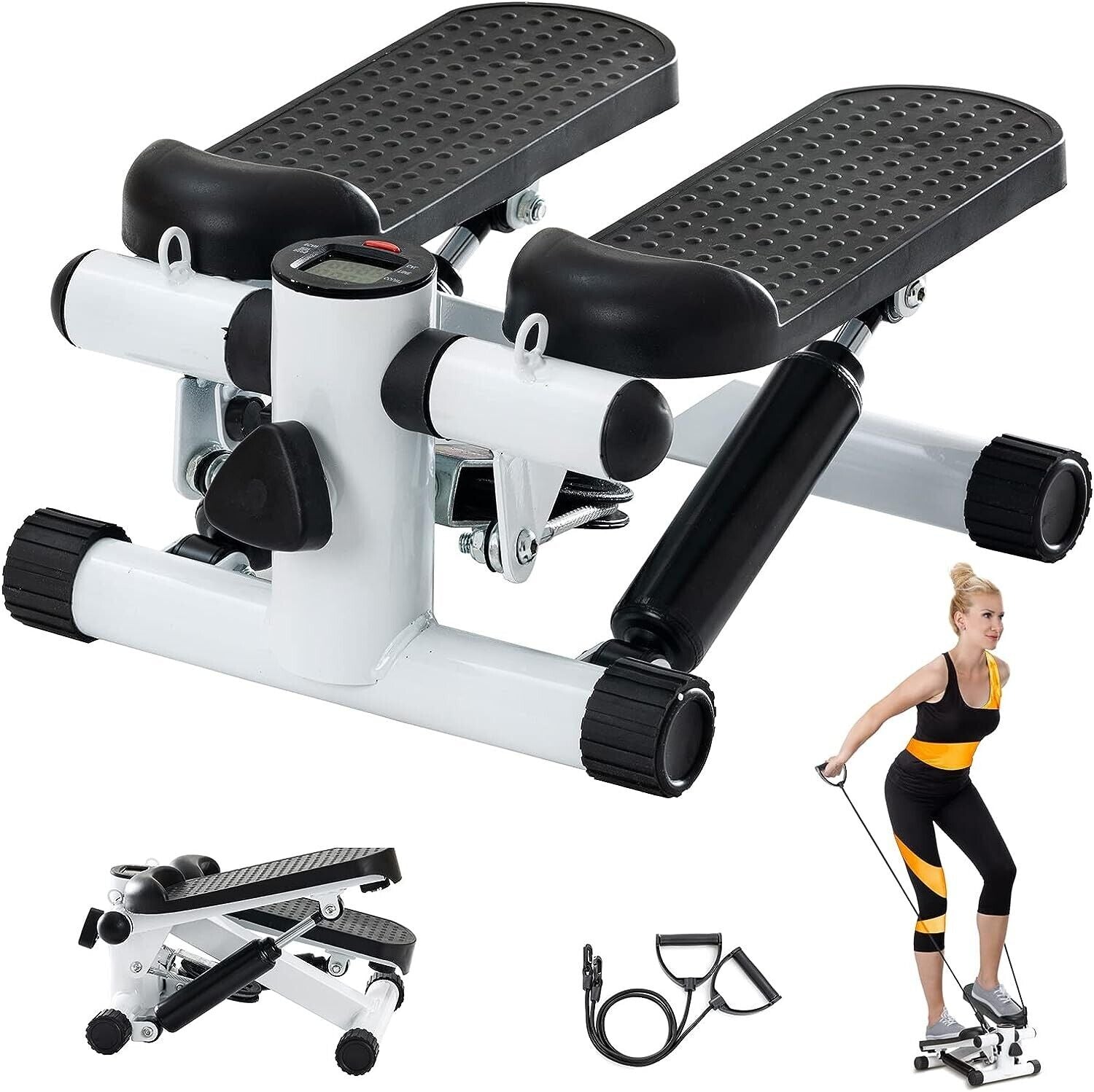 White Mini Stepper Exercise Machine with Resistance Bands and LCD display for home cardio workouts by Fitness Essentials