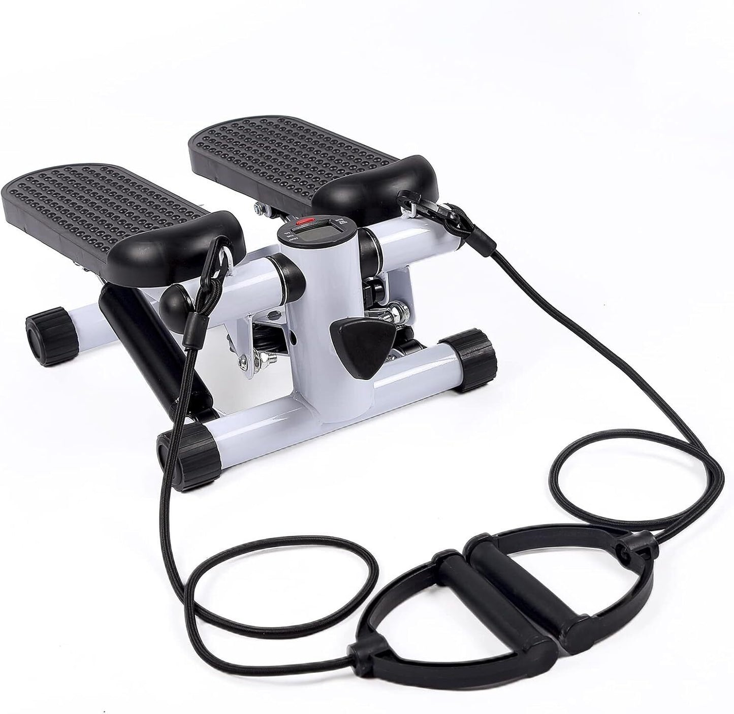 White Fitness Essentials mini stepper exercise machine with resistance bands, LCD display, for home cardio workouts.