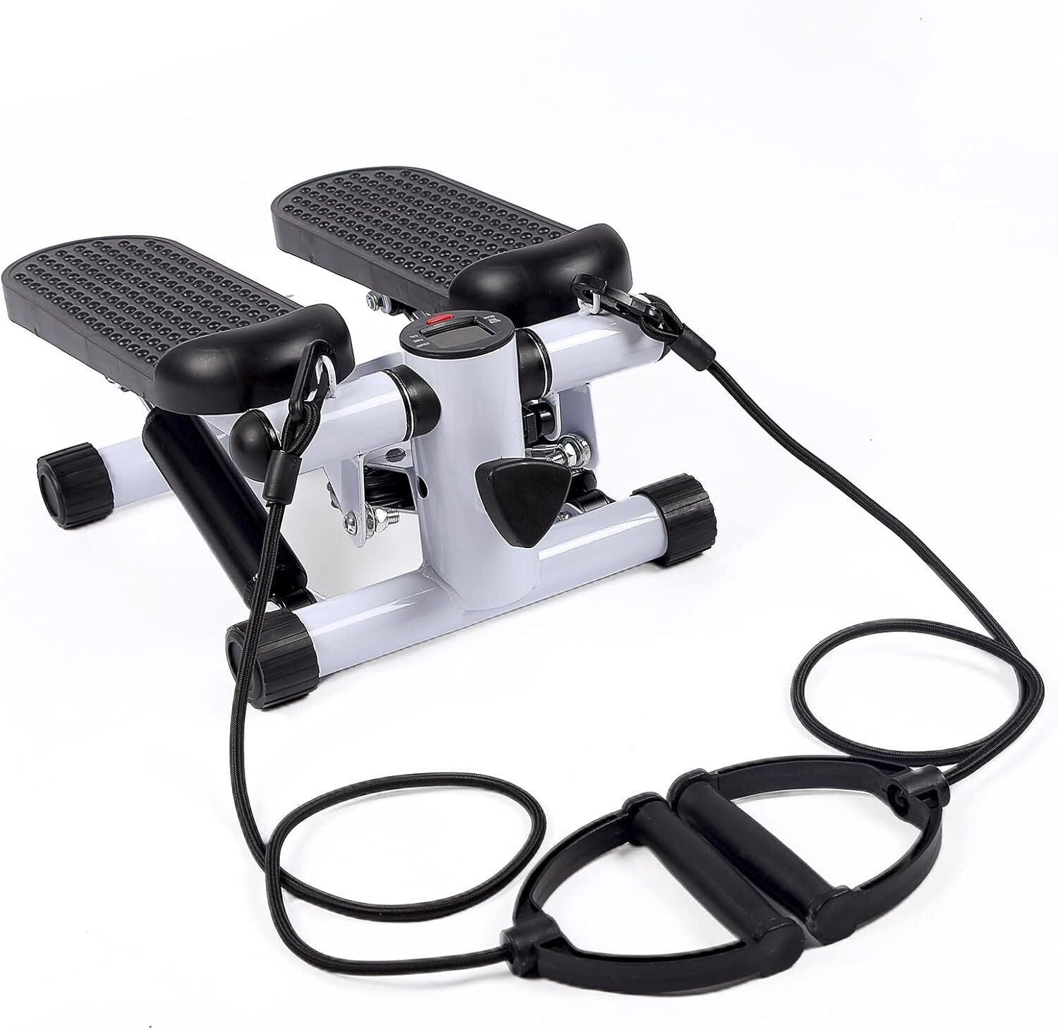 White Fitness Essentials mini stepper exercise machine with resistance bands, LCD display, for home cardio workouts.