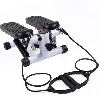 White Fitness Essentials mini stepper exercise machine with resistance bands, LCD display, for home cardio workouts.