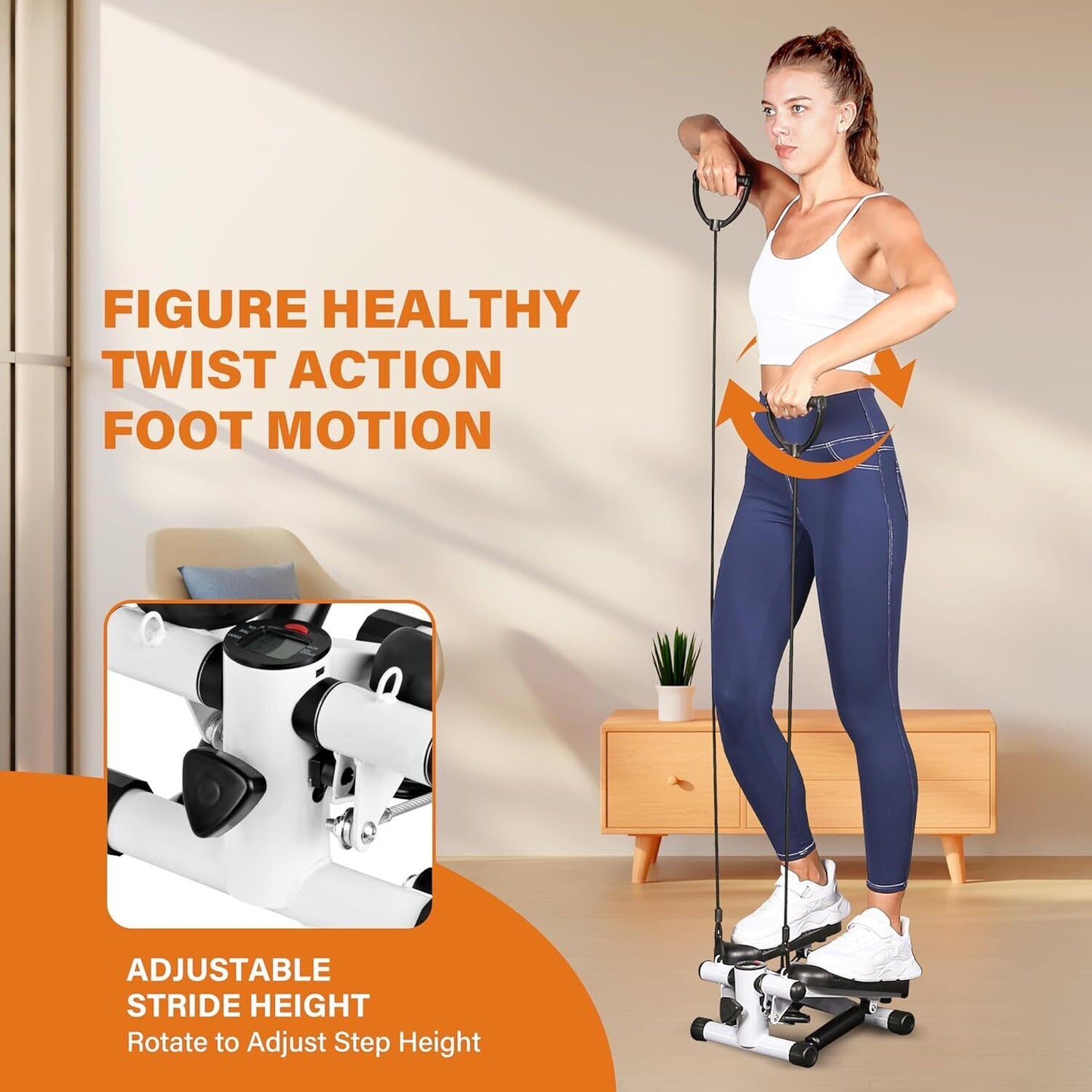 White mini stepper exercise machine with resistance bands and LCD display for home cardio workouts by Fitness Essentials.