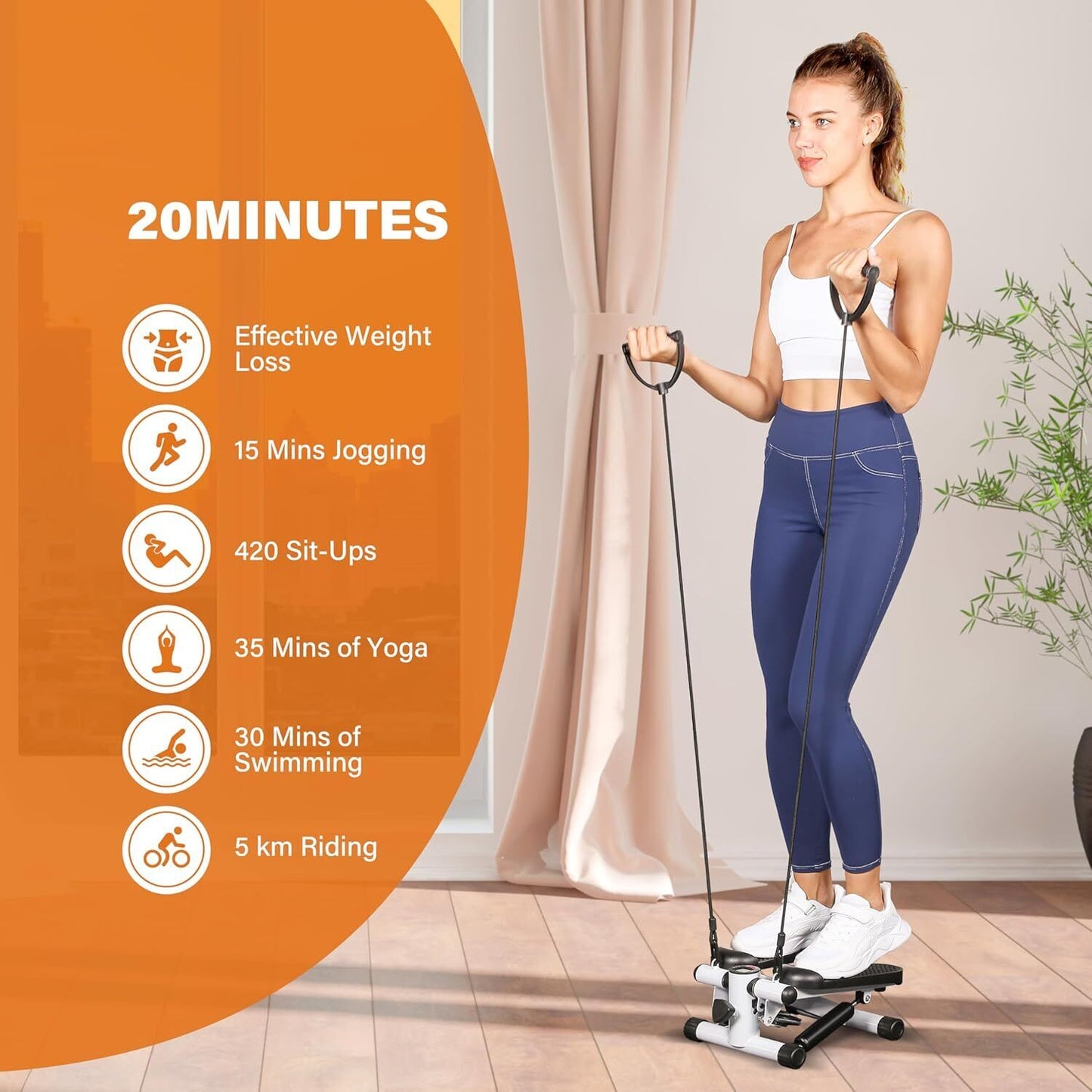 White Fitness Essentials mini stepper exercise machine with resistance bands and LCD display for home cardio workouts.