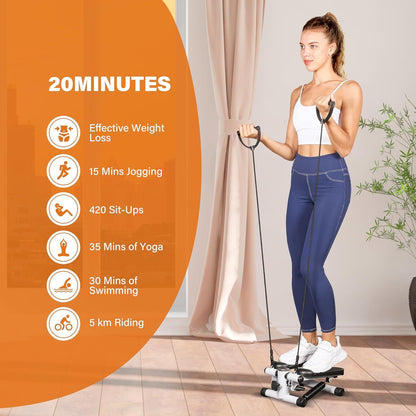 White Fitness Essentials mini stepper exercise machine with resistance bands and LCD display for home cardio workouts.