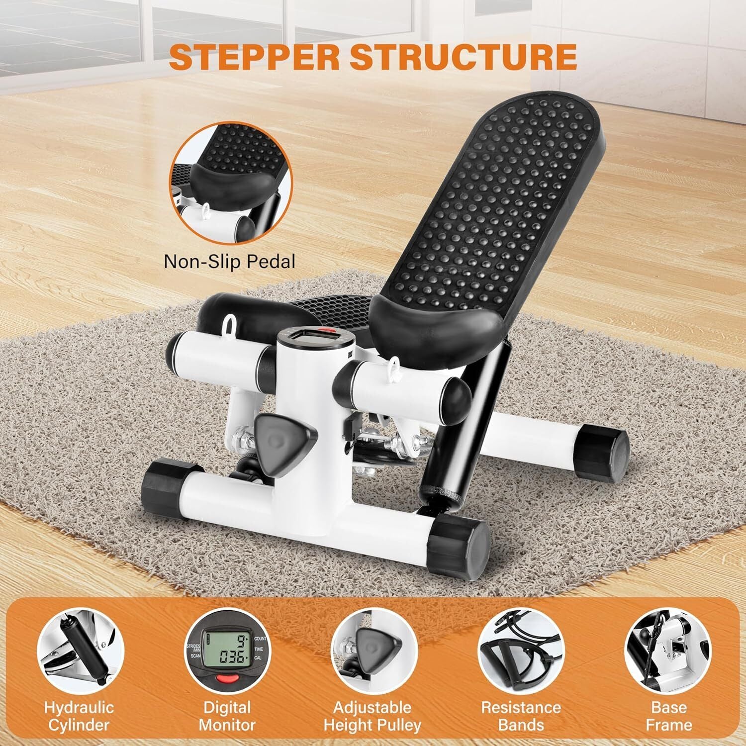 White mini stepper exercise machine with resistance bands and LCD display for home cardio workouts by Fitness Essentials