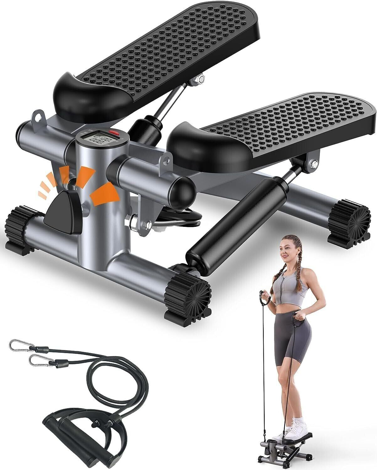 White Fitness Essentials mini stepper exercise machine with resistance bands and LCD display for home cardio workouts.
