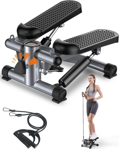 White Fitness Essentials mini stepper exercise machine with resistance bands and LCD display for home cardio workouts.