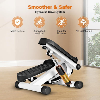 White Fitness Essentials mini stepper exercise machine with resistance bands and LCD display for home cardio workouts.