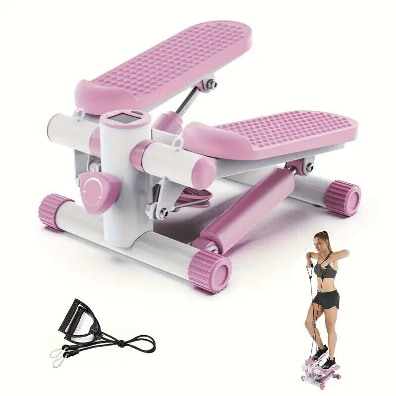 White Mini Stepper Exercise Machine with Resistance Bands, LCD display, for home cardio workouts by Fitness Essentials