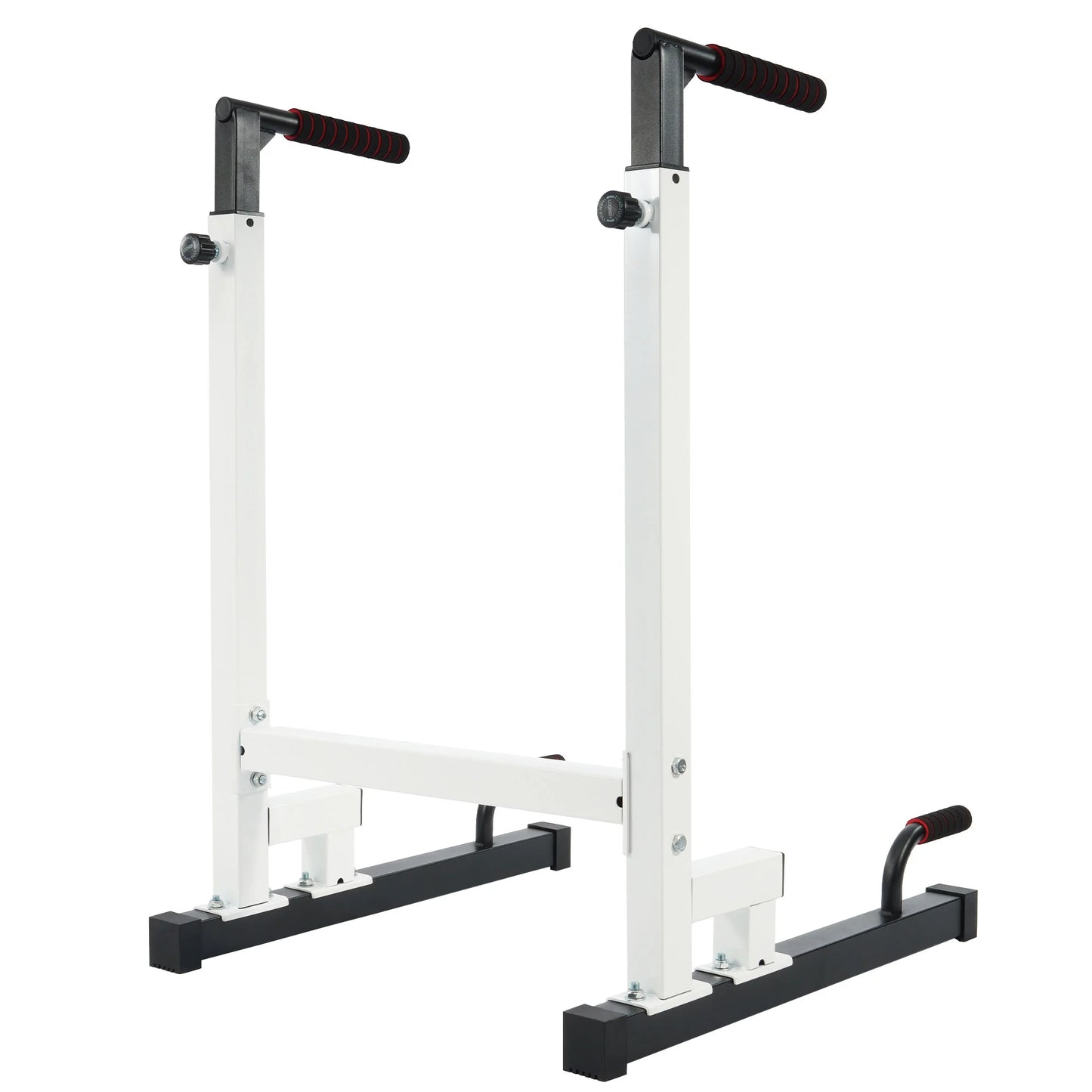 White steel frame dip station with adjustable height and 500 lb capacity from Fitness Essentials, designed for strength training.