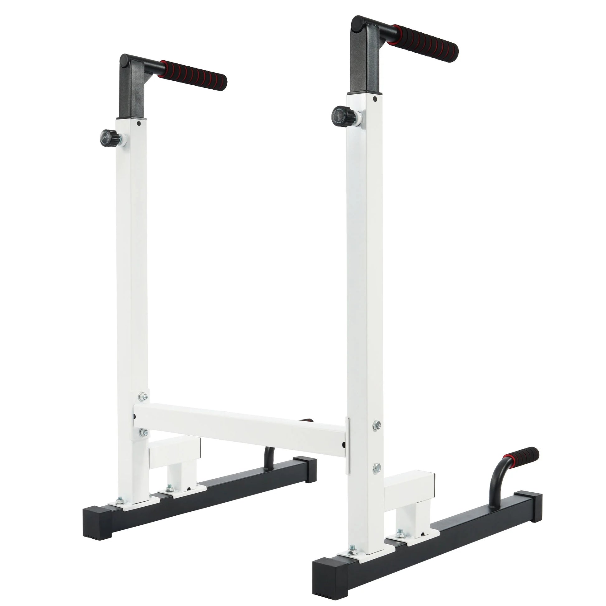 White steel frame dip station with adjustable height and 500 lb capacity from Fitness Essentials, designed for strength training.