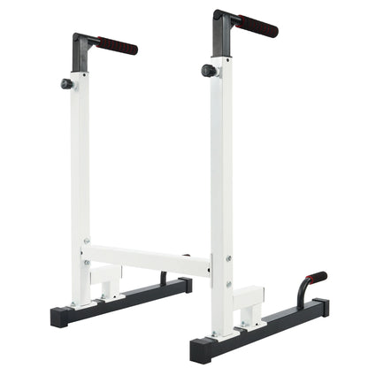 White steel frame dip station with adjustable height and 500 lb capacity from Fitness Essentials, designed for strength training.