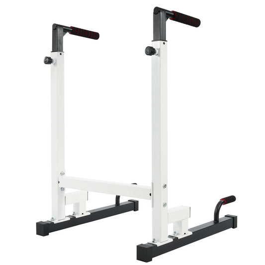 White steel frame dip station with adjustable height and 500 lb capacity from Fitness Essentials, designed for strength training.