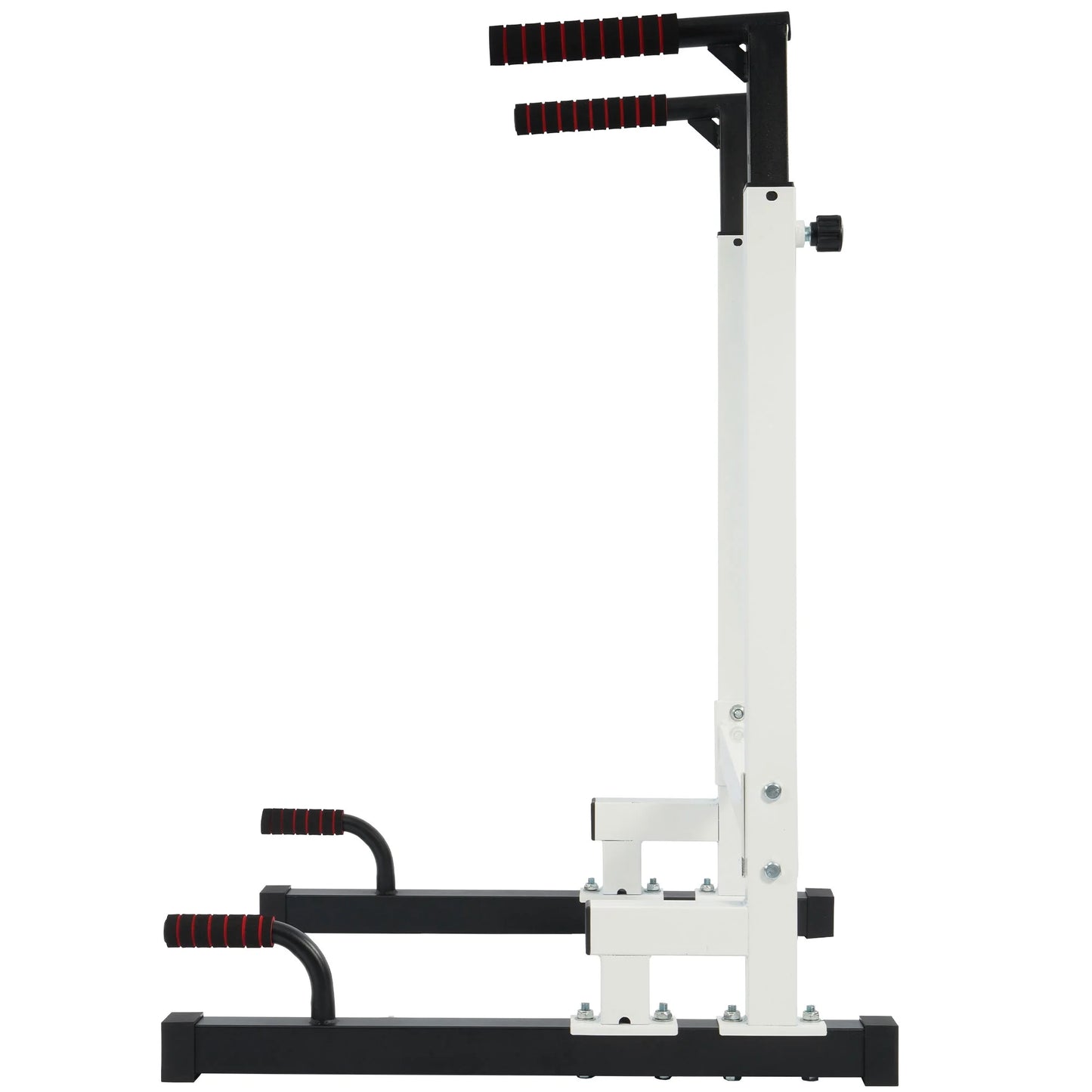 White steel frame dip station with adjustable height and 500 lb weight capacity from Fitness Essentials, sturdy workout equipment.