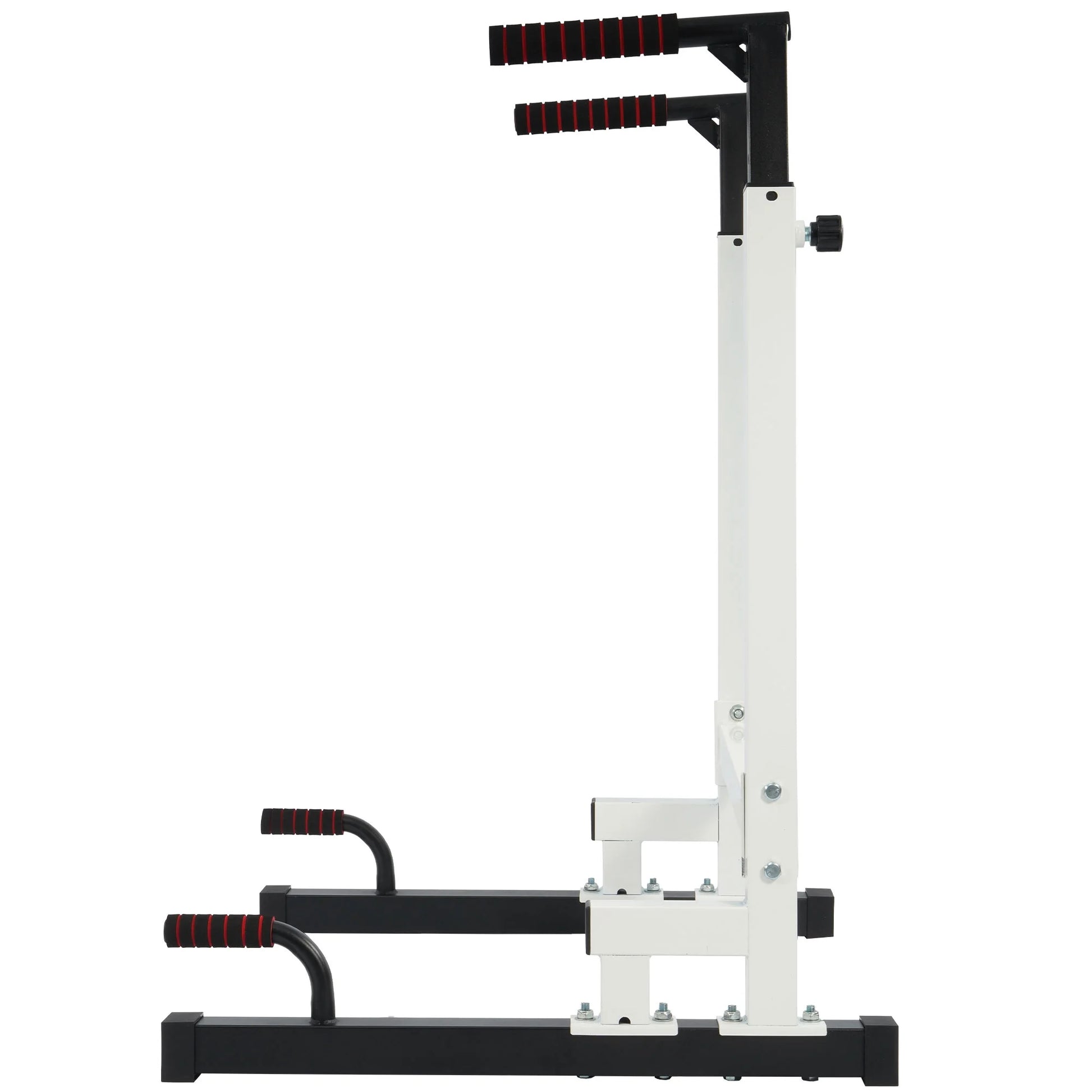 White steel frame dip station with adjustable height and 500 lb weight capacity from Fitness Essentials, sturdy workout equipment.