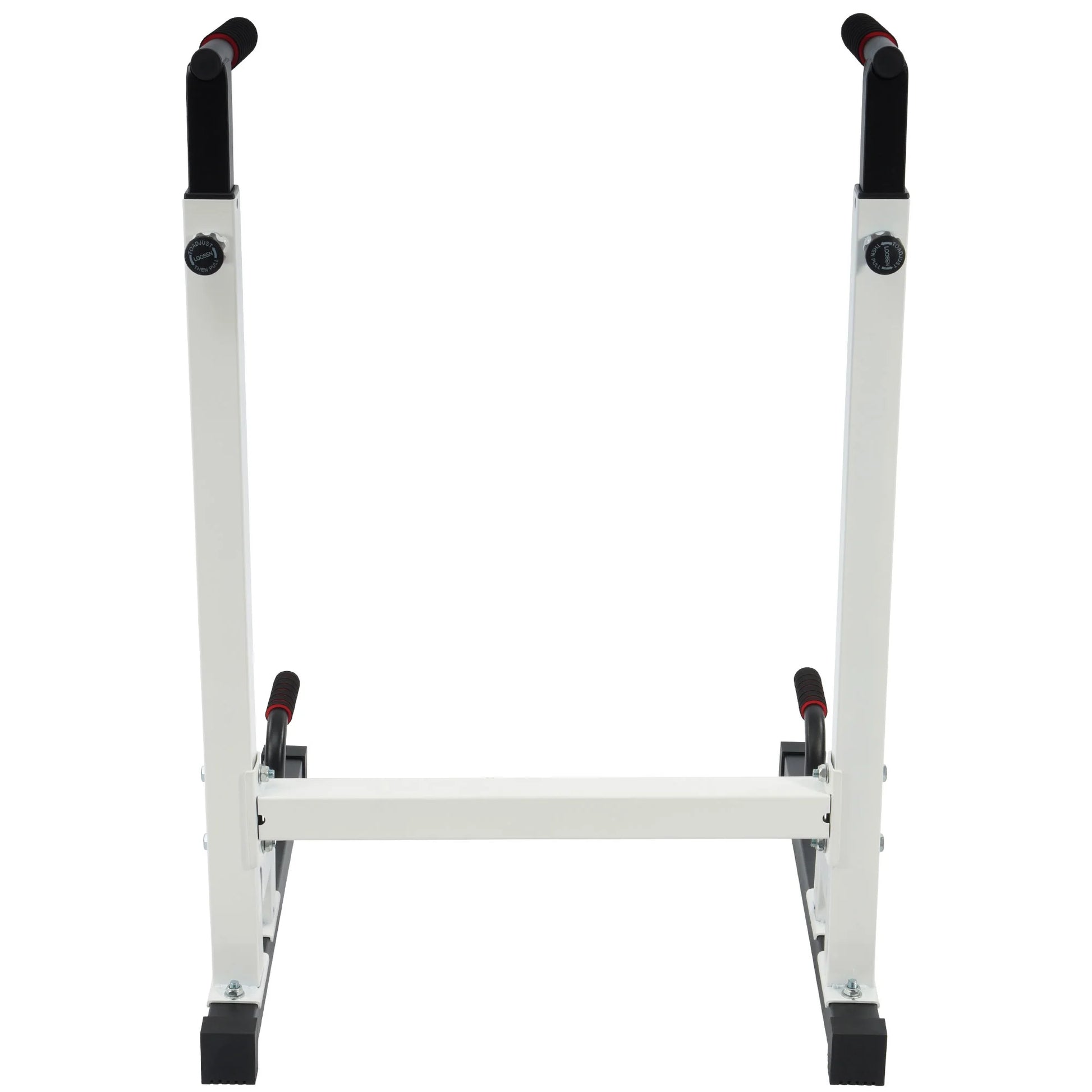 White Fitness Essentials steel frame dip station with adjustable height and 500 lb weight capacity, ideal for strength training.