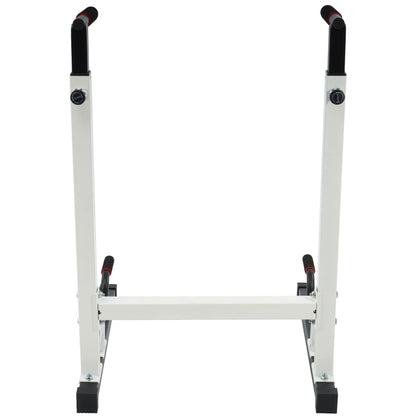 White Fitness Essentials steel frame dip station with adjustable height and 500 lb weight capacity, ideal for strength training.