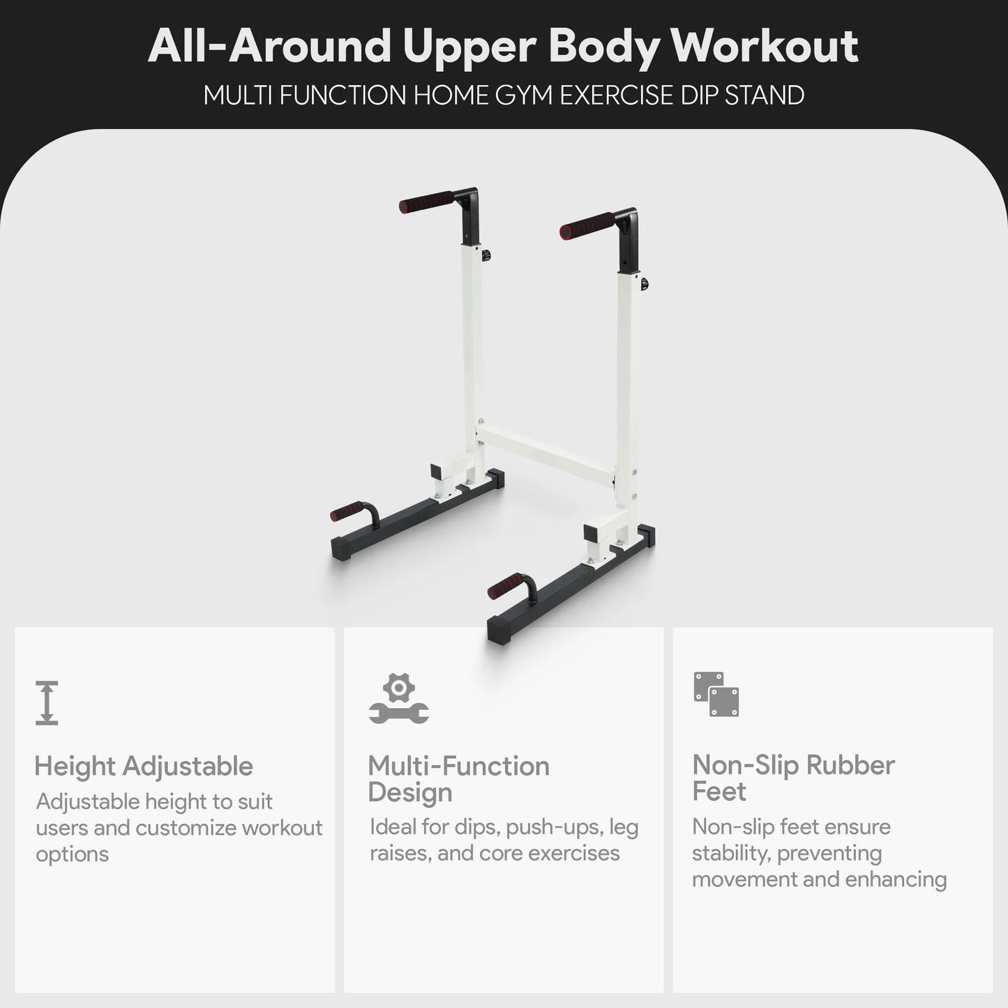 White steel frame dip station with adjustable height and 500 lb capacity, featuring sturdy construction for strength training.