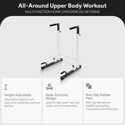 White steel frame dip station with adjustable height and 500 lb capacity, featuring sturdy construction for strength training.