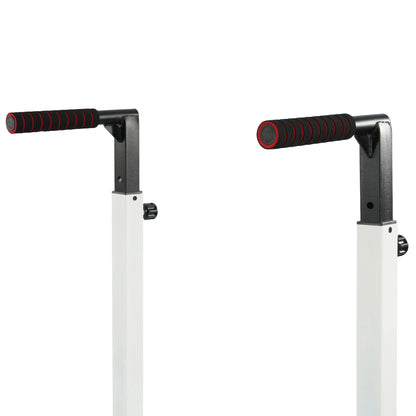 Fitness Essentials white steel frame dip station with adjustable height and 500 lb weight capacity, shown with sturdy construction.